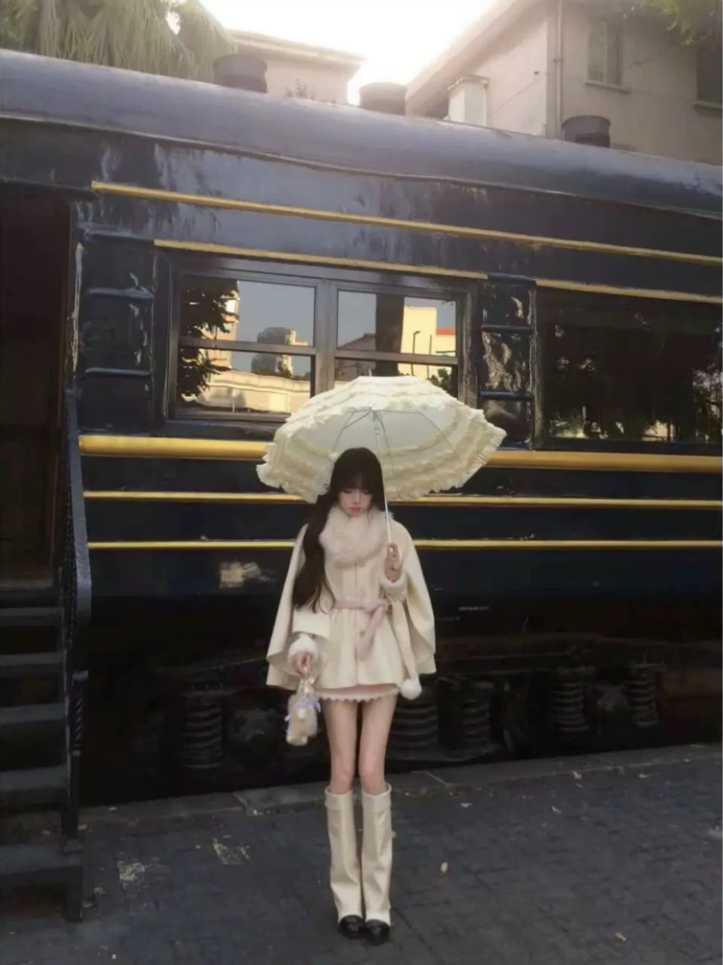 Overseas Heiress · Winter Thick Cape with Fur Collar & Belted Skirt Set