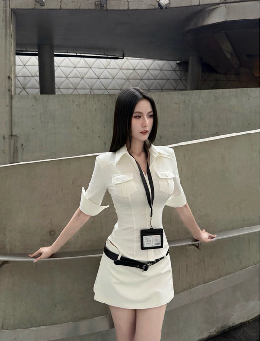 欧美辣妹 性感西装衬衫中袖上Western Hot Sexy Slim-Fit Blazer-Collar Button-Up Blouse
