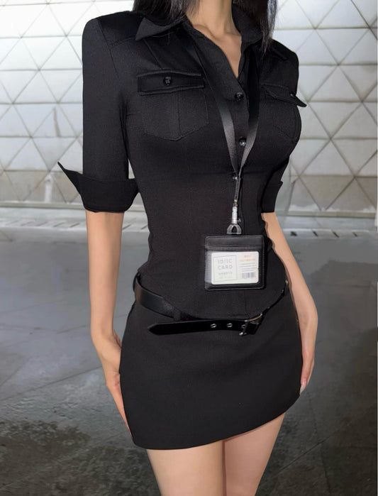 欧美辣妹 性感西装衬衫中袖上Western Hot Sexy Slim-Fit Blazer-Collar Button-Up Blouse