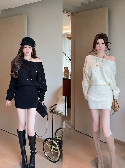 星闪流萤 复古带钻斜肩针织连衣裙 Starry Sparkle Firefly Vintage Rhinestone One-Shoulder Knit Dress