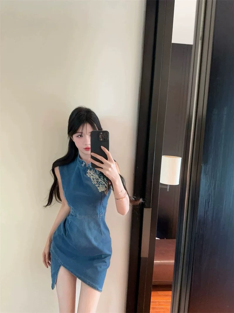 东方锦书 新中式牛仔旗袍连衣裙  Oriental Brocade Letters · New Chinese-Style Denim Qipao Dress