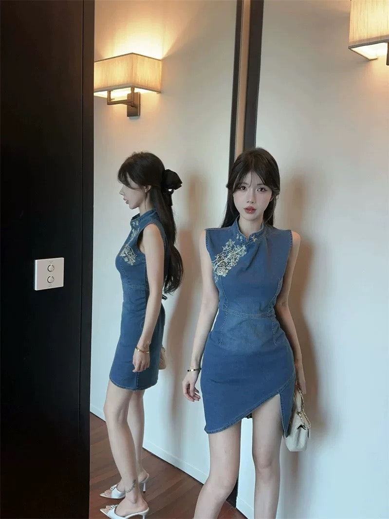 东方锦书 新中式牛仔旗袍连衣裙  Oriental Brocade Letters · New Chinese-Style Denim Qipao Dress
