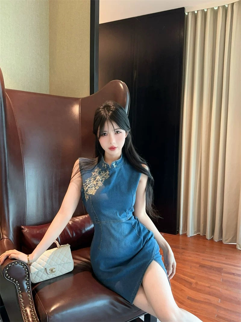 东方锦书 新中式牛仔旗袍连衣裙  Oriental Brocade Letters · New Chinese-Style Denim Qipao Dress