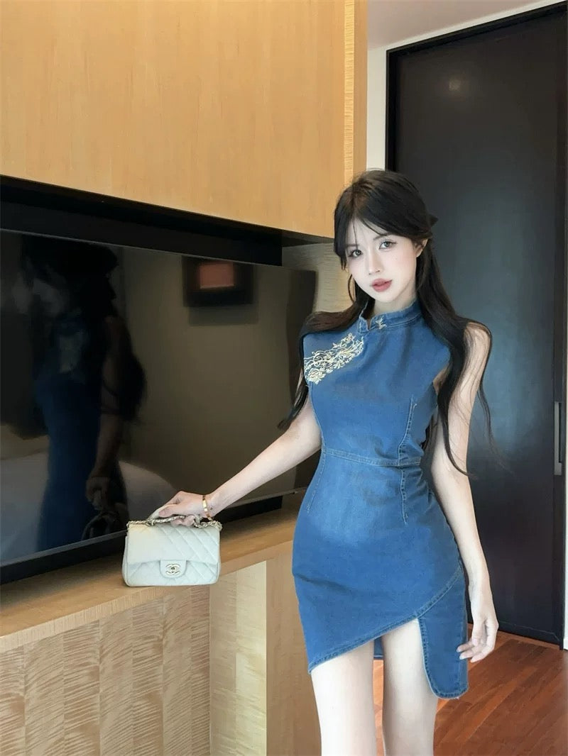 东方锦书 新中式牛仔旗袍连衣裙  Oriental Brocade Letters · New Chinese-Style Denim Qipao Dress