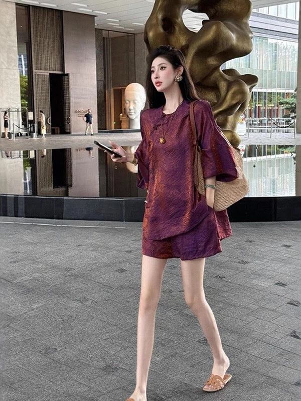 紫铜鎏金 新中式人丝浮光锦提花套装 Purple Bronze · New Chinese-Style Rayon Luminous Brocade Jacquard Set