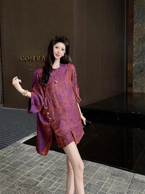 紫铜鎏金 新中式人丝浮光锦提花套装 Purple Bronze · New Chinese-Style Rayon Luminous Brocade Jacquard Set