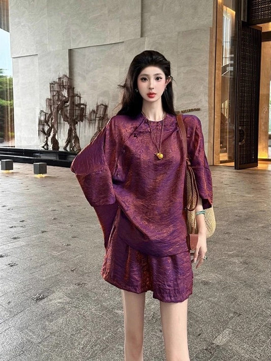 紫铜鎏金 新中式人丝浮光锦提花套装 Purple Bronze · New Chinese-Style Rayon Luminous Brocade Jacquard Set
