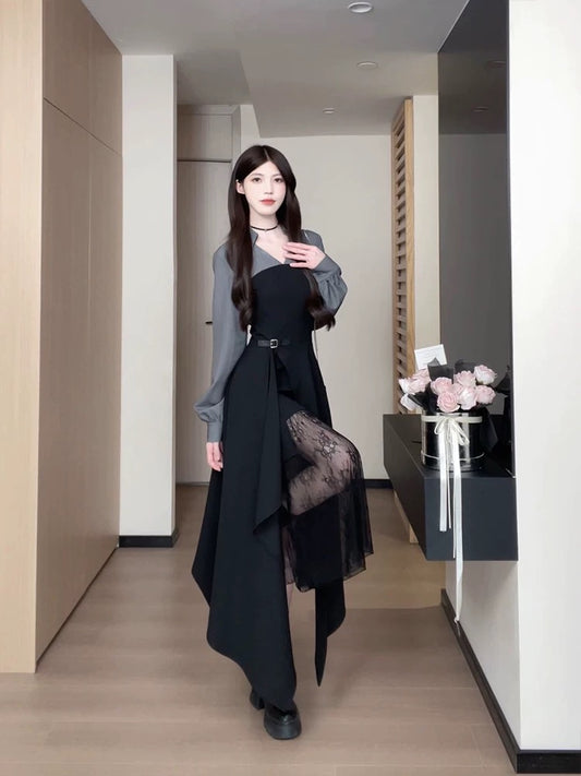 松羽珊 长袖蕾丝假两件连衣裙 Songyushan Long Sleeve Lace Faux Two-Piece Dress