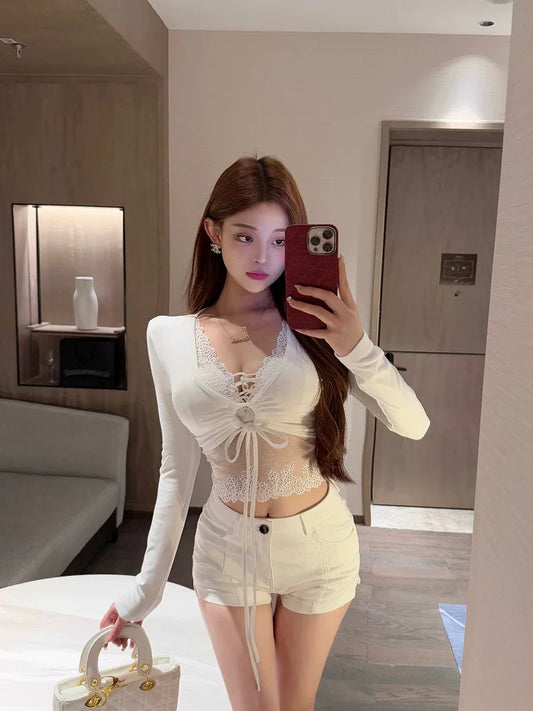 性感露娜 蕾丝叠穿短款辣妹上衣 Sexy Luna Lace Layered Cropped Y2K Top