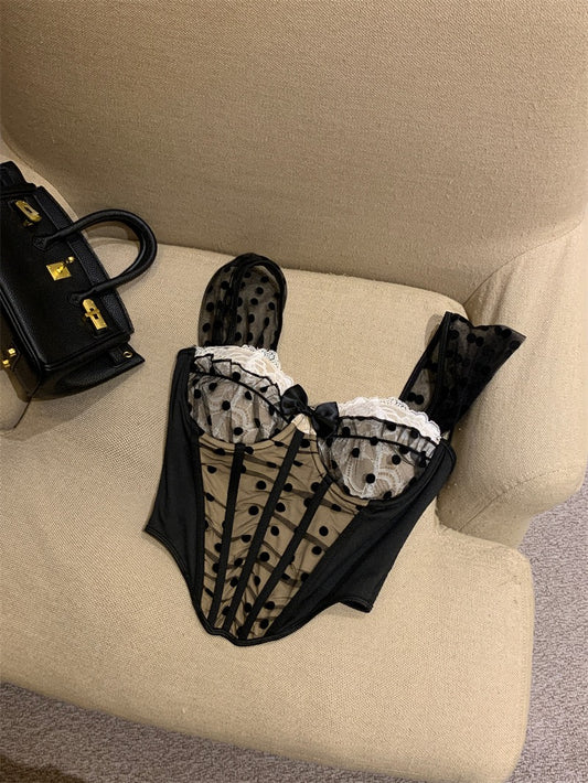 娇艳玫瑰 波点网弹力吊带上衣 Glamorous Rose Polka Dot Mesh Stretchy Cami Top