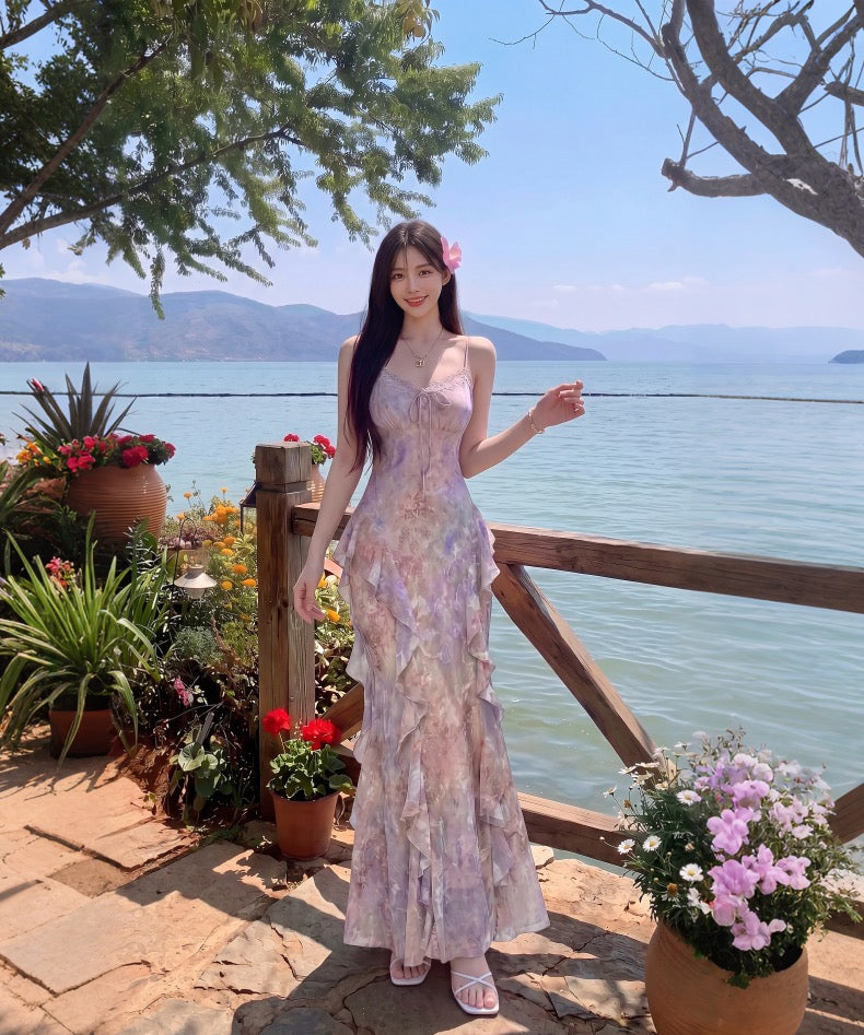 流花人鱼 法式油画晕染碎花连衣裙 Flowing Floral Mermaid French Oil-Paint Floral Dress