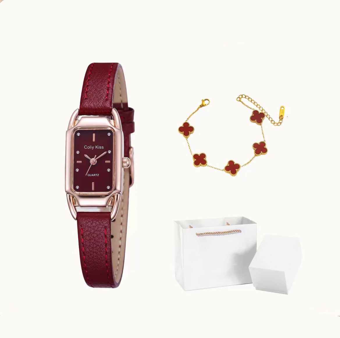 红韵小方 安哥拉红精致方形真皮防水腕表 Red Charm Petite Square Angora Red Genuine Leather Waterproof Watch