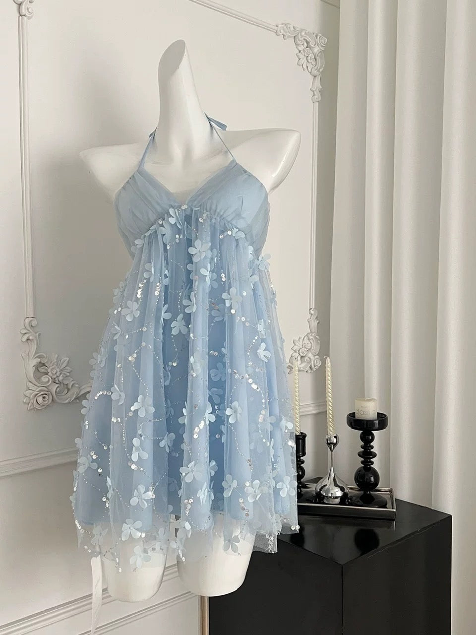 蓝色精灵 立体花朵挂脖吊带连衣裙 Blue Fairy 3D Floral Halter Neck Cami Dress