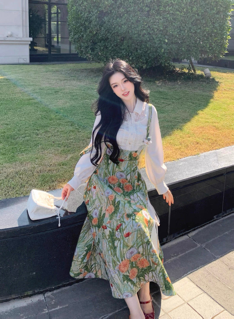 梦境边缘 精致衬衫+油画感背带裙 Edge of Dream – Elegant Blouse + Oil-Painting Style Suspender Dress