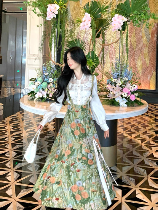 梦境边缘 精致衬衫+油画感背带裙 Edge of Dream – Elegant Blouse + Oil-Painting Style Suspender Dress