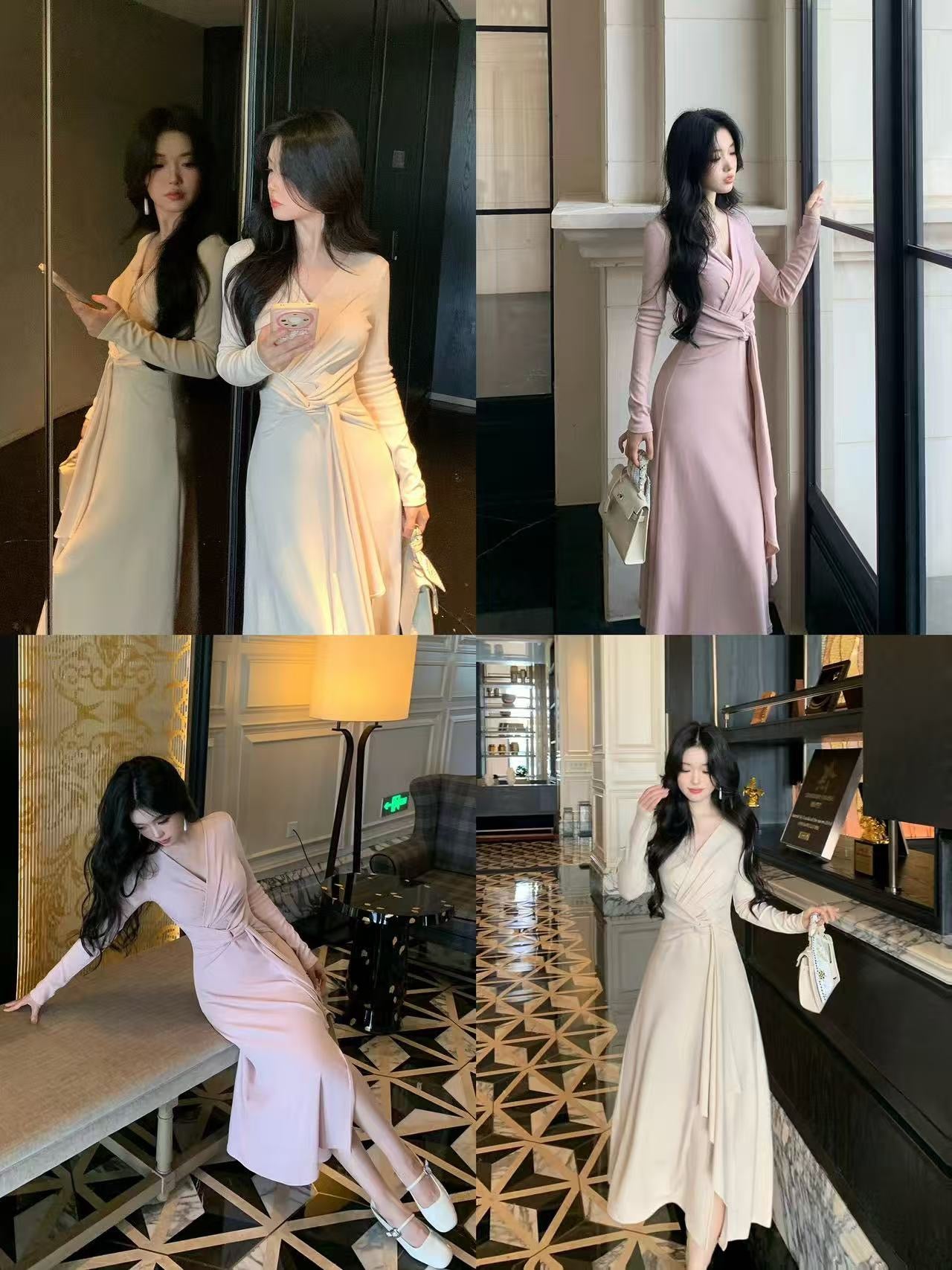 半寸风停 气质优雅V领扭结显瘦连衣裙 Half-Inch Breeze – Elegant V-Neck Twist Slimming Dress