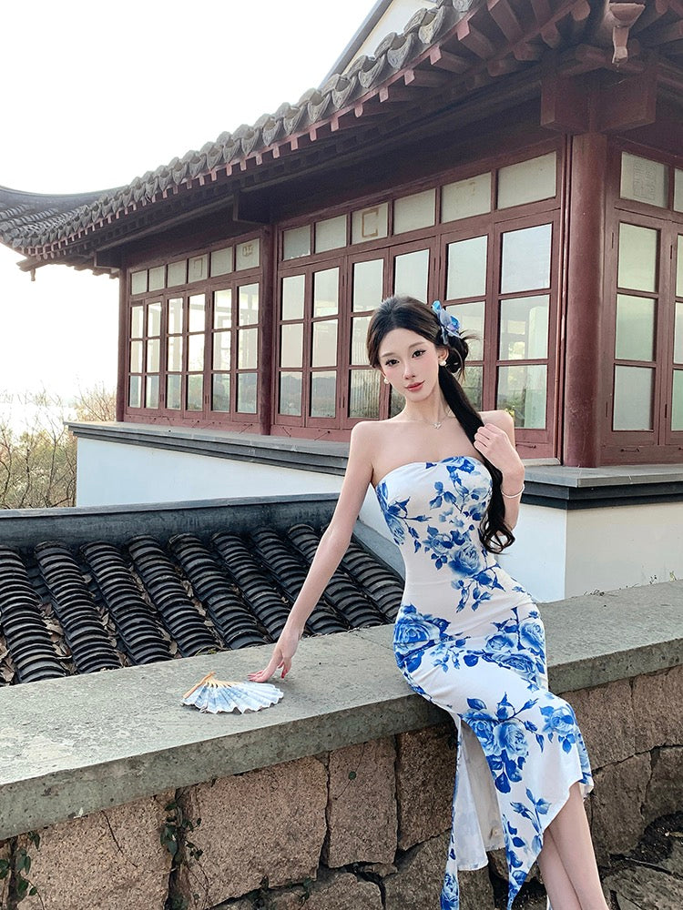 烟雨绮梦 Misty Reverie · Blue-and-White Porcelain Strapless New-Chinese Dress