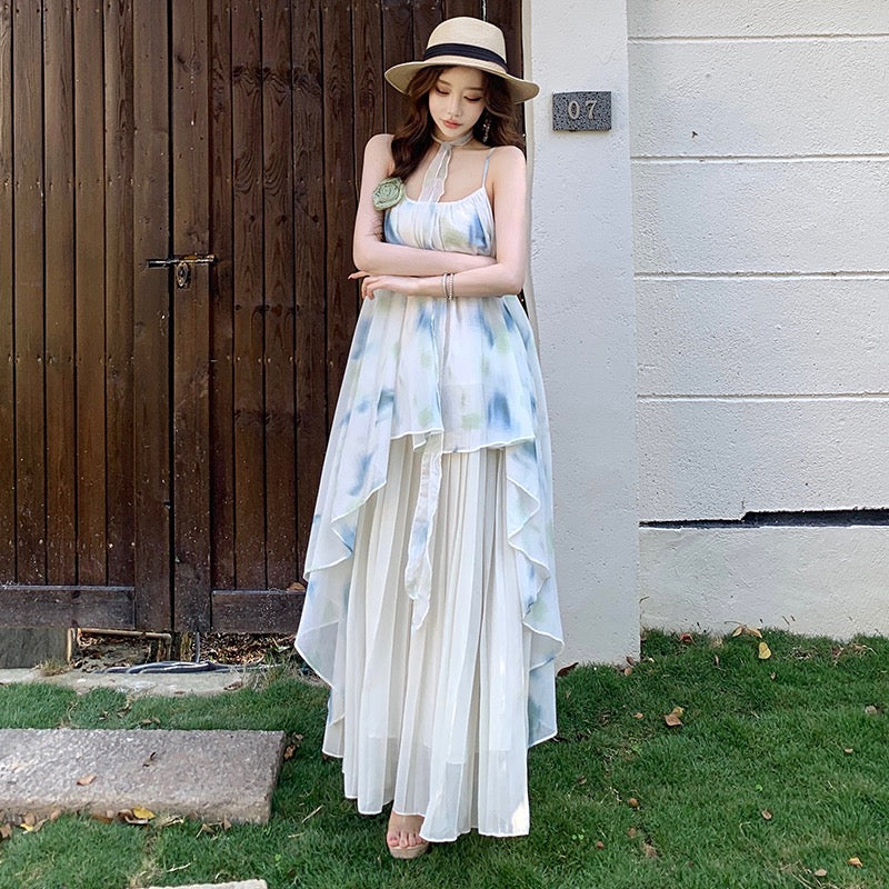 雅韵贝拉 Elegant Belle Floral Cami Dress Beach Vacation Maxi Skirt for Summer