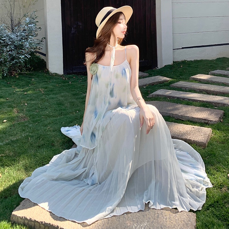 雅韵贝拉 Elegant Belle Floral Cami Dress Beach Vacation Maxi Skirt for Summer