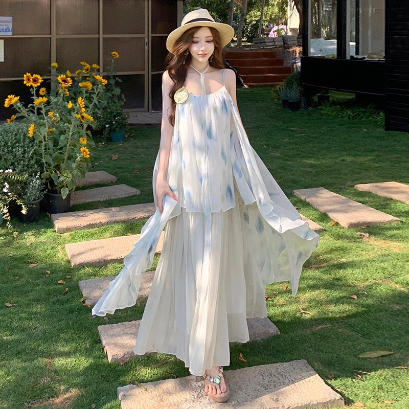 雅韵贝拉 Elegant Belle Floral Cami Dress Beach Vacation Maxi Skirt for Summer