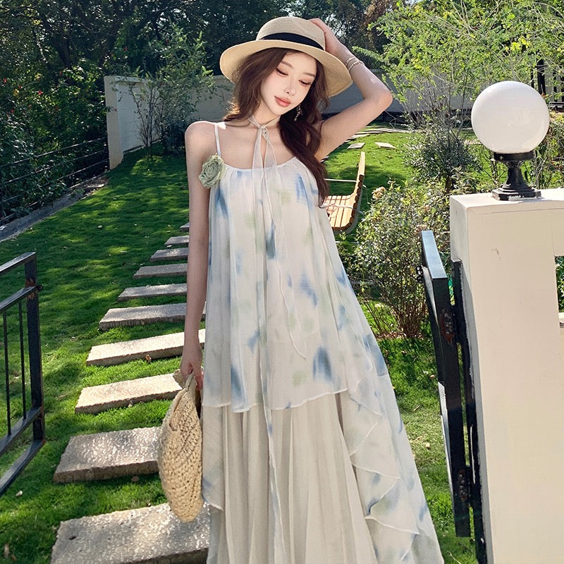 雅韵贝拉 Elegant Belle Floral Cami Dress Beach Vacation Maxi Skirt for Summer