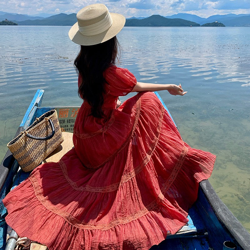 酒红序曲 Vintage Burgundy Layered Ruffle Tiered Maxi Skirt