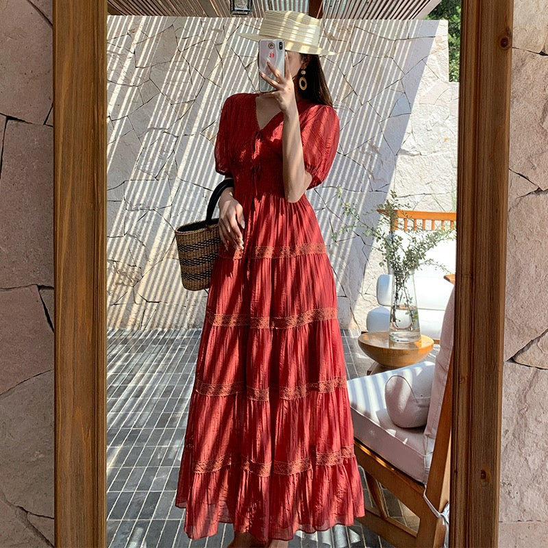 酒红序曲 Vintage Burgundy Layered Ruffle Tiered Maxi Skirt