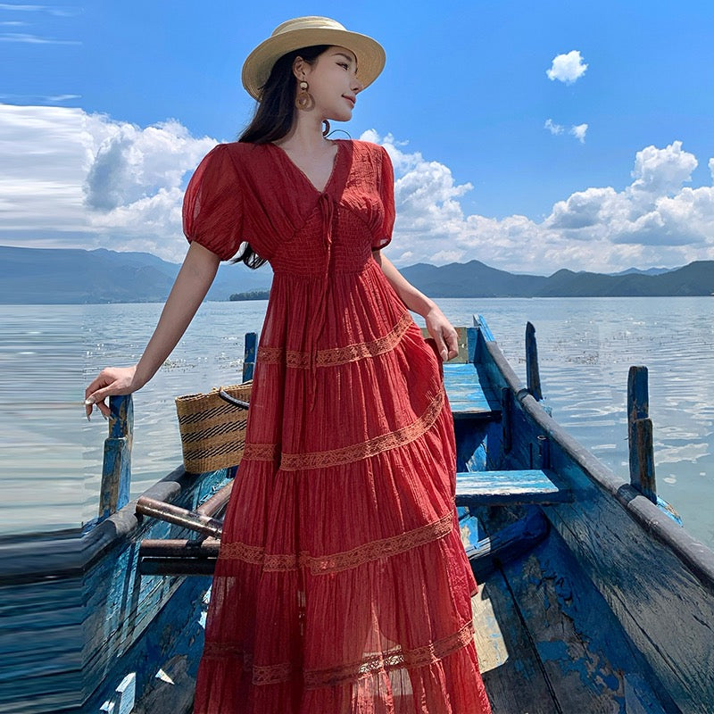 酒红序曲 Vintage Burgundy Layered Ruffle Tiered Maxi Skirt