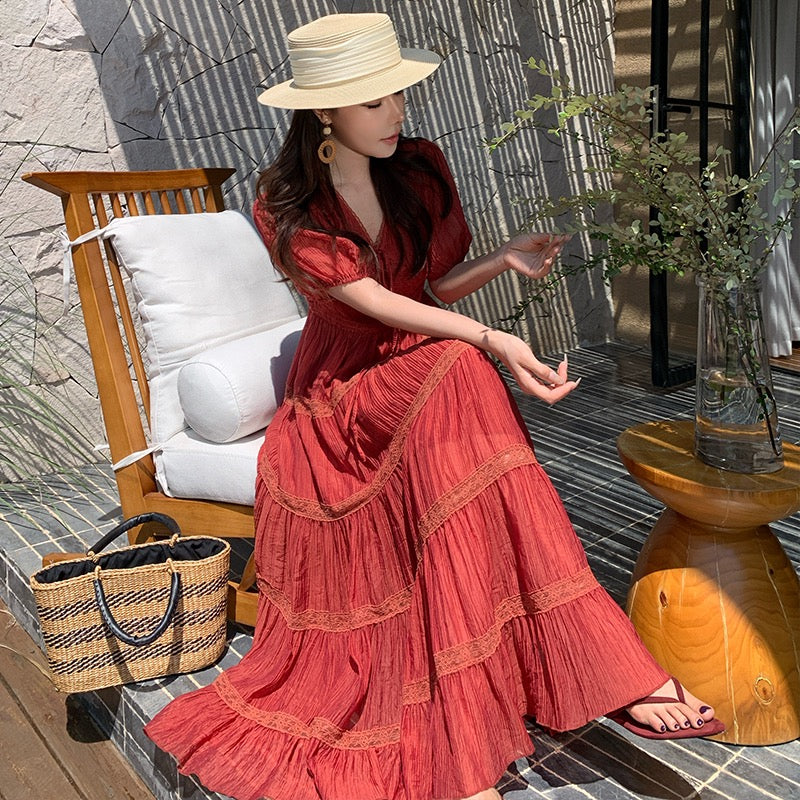 酒红序曲 Vintage Burgundy Layered Ruffle Tiered Maxi Skirt