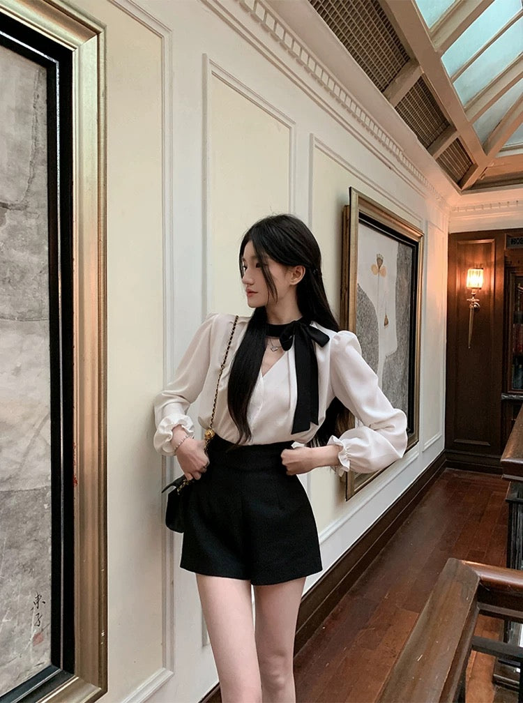 赫本早晨 黑白衬衫高腰短裤气质套装 Hepburn morning style: black and white shirt with high-waisted shorts set