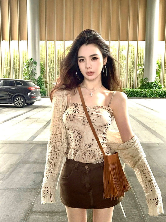 慵懒豹豹 花纹吊带气质百搭三件套 Lazy Leopard – Printed Cami Chic Versatile Three-Piece Set