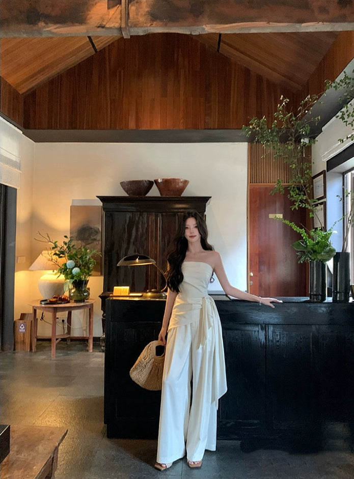 米兰假日 一字肩抹胸上衣阔腿裤套装  Milan Holiday – Off-Shoulder Bustier Top and Wide-Leg Pants Set