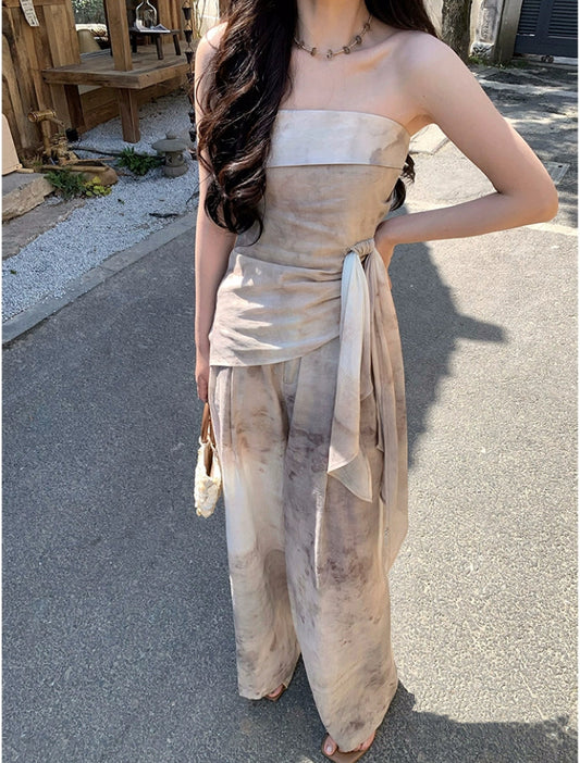 米兰假日 一字肩抹胸上衣阔腿裤套装  Milan Holiday – Off-Shoulder Bustier Top and Wide-Leg Pants Set