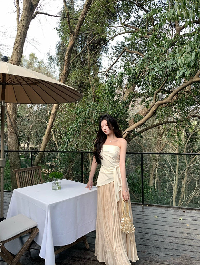 米兰假日 一字肩抹胸上衣阔腿裤套装  Milan Holiday – Off-Shoulder Bustier Top and Wide-Leg Pants Set