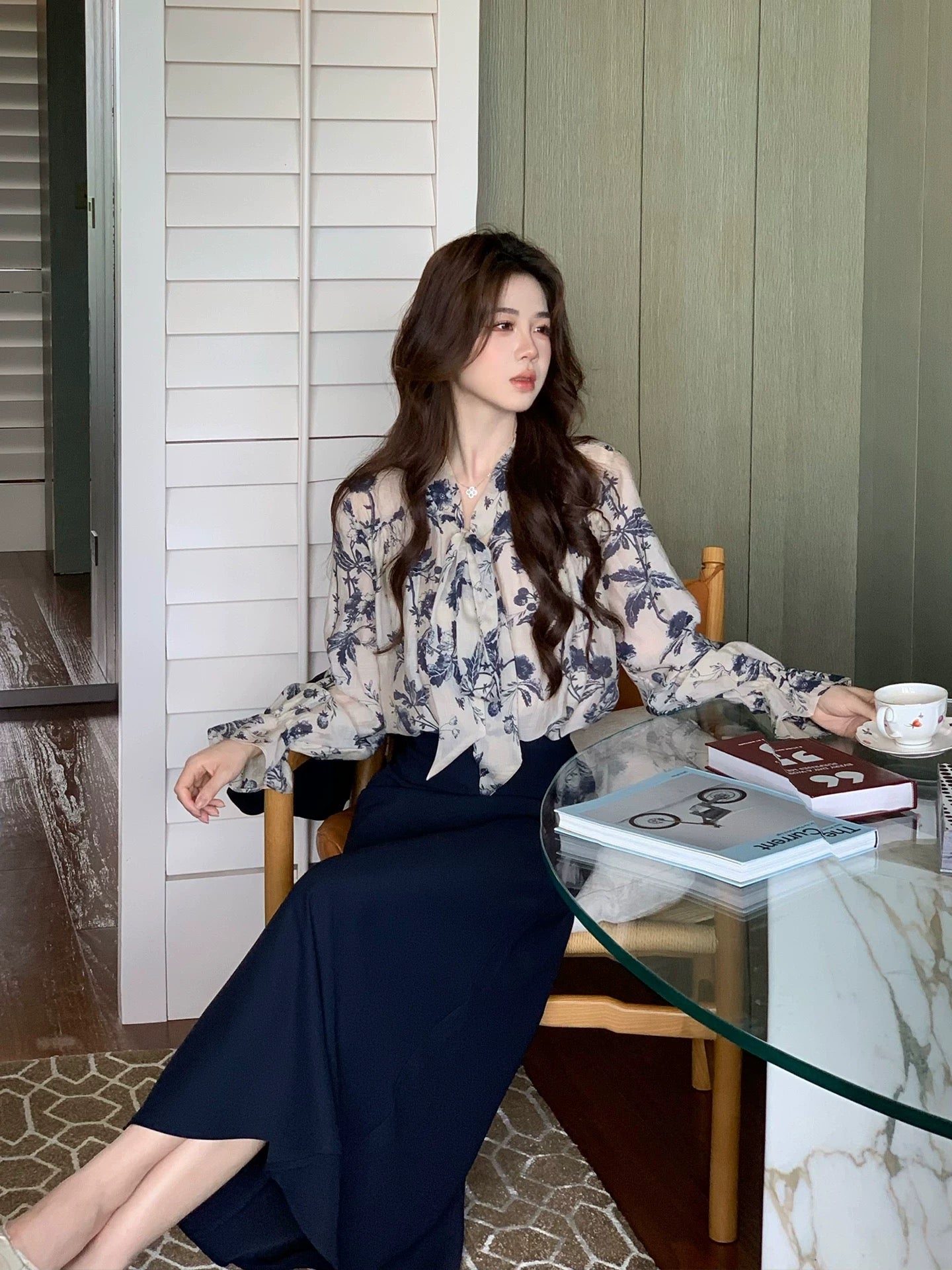 墨染花影 衬衫半裙风衣套装 Shadows of the Ink Oriental Bloom Blouse & Skirt Set