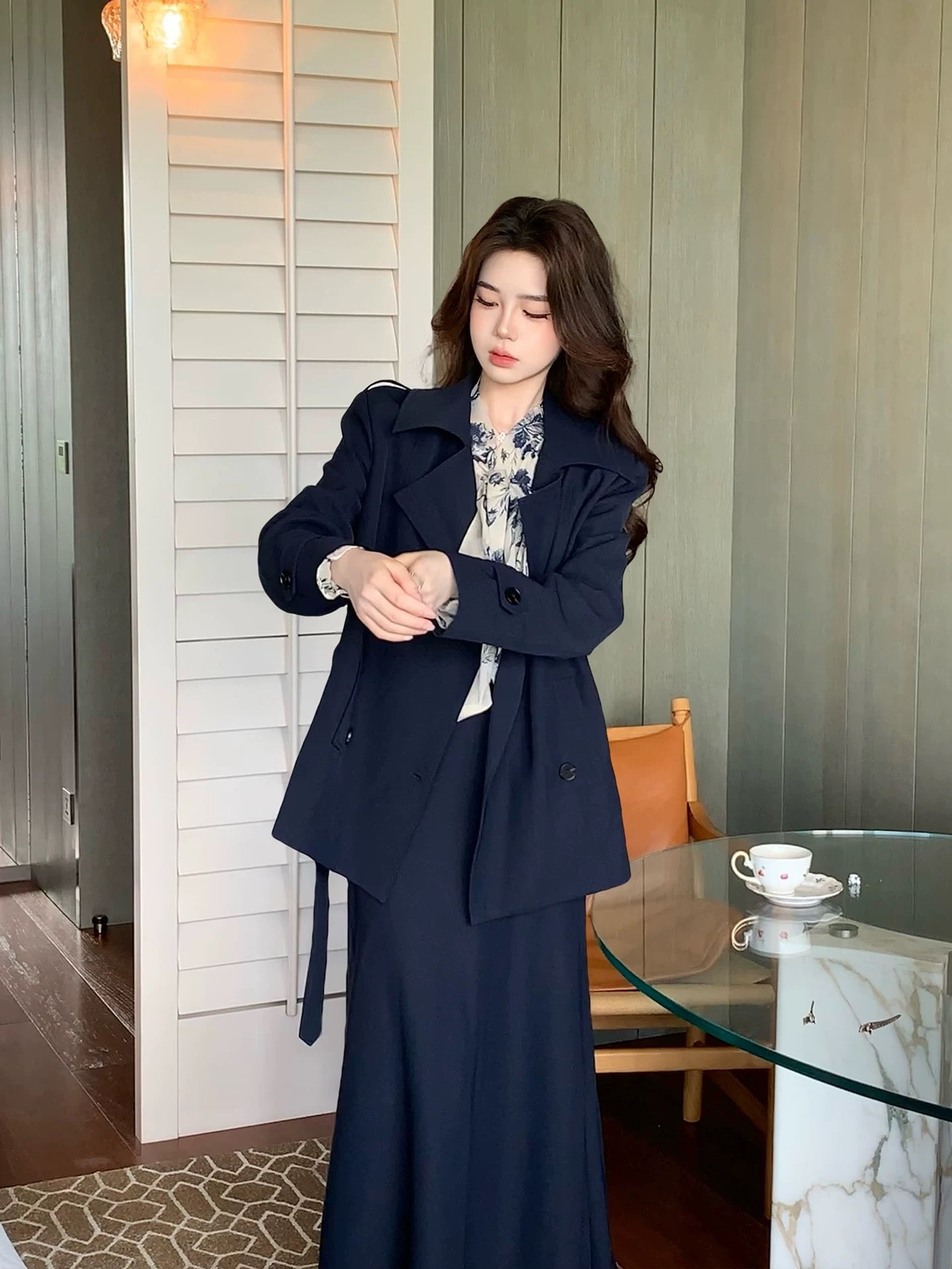 墨染花影 衬衫半裙风衣套装 Shadows of the Ink Oriental Bloom Blouse & Skirt Set