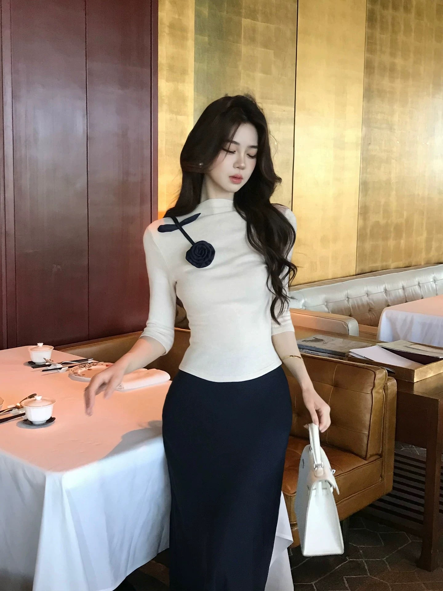 四季精英 新中式套装Urban Sophisticate 2-Piece Set Mock Neck Knit& Skirt