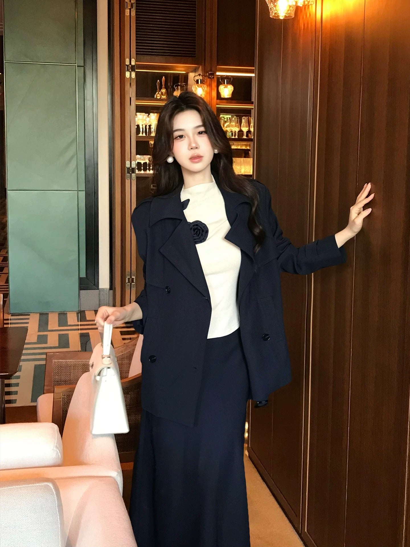 四季精英 新中式套装Urban Sophisticate 2-Piece Set Mock Neck Knit& Skirt