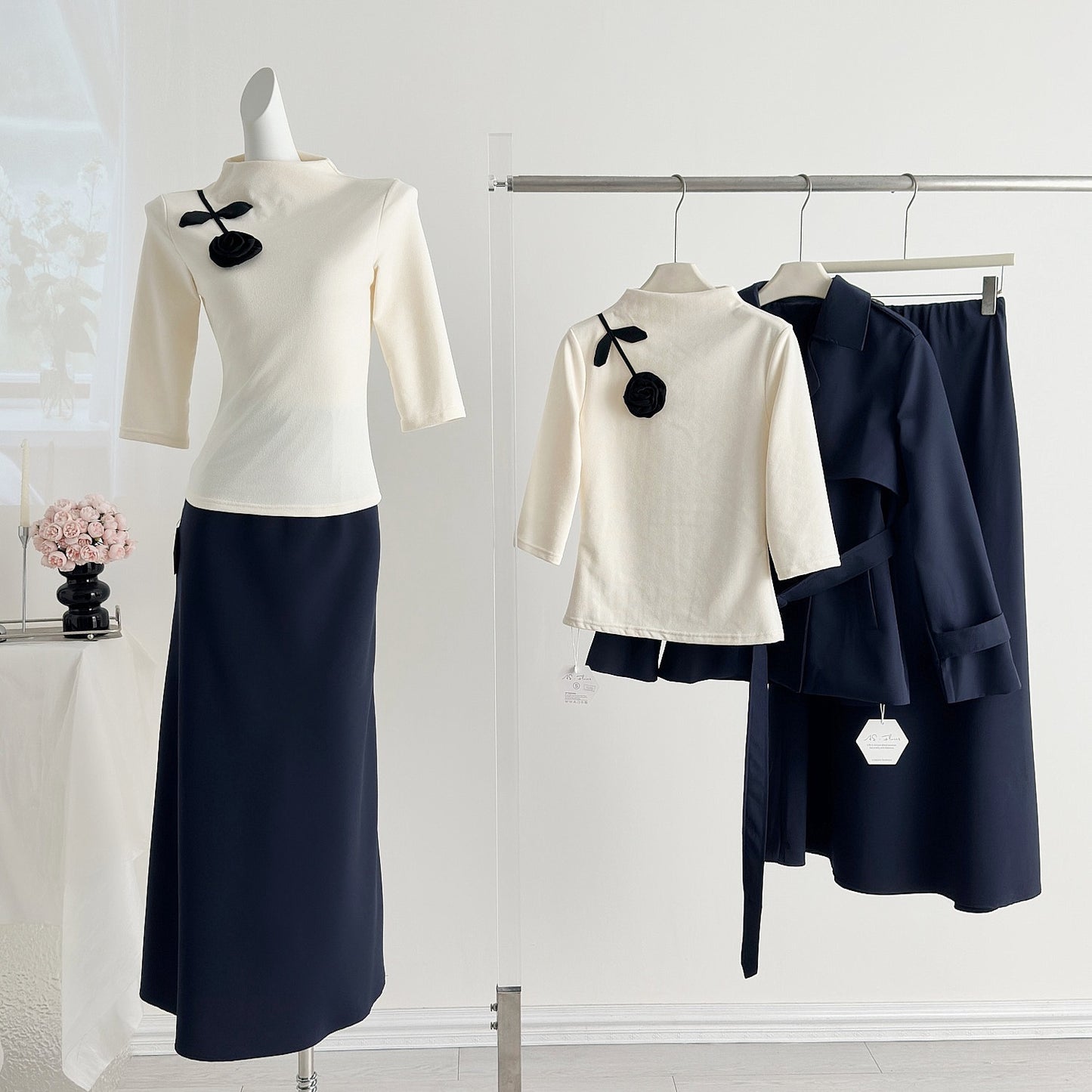 四季精英 新中式套装Urban Sophisticate 2-Piece Set Mock Neck Knit& Skirt
