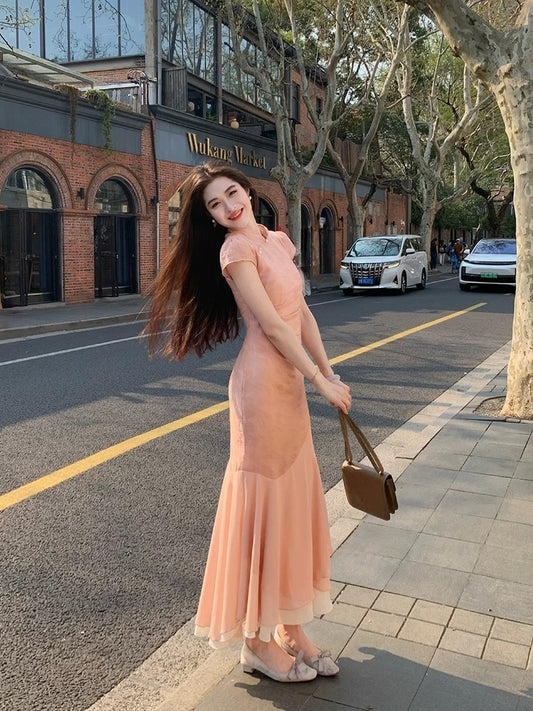 稚菊 新中式粉色旗袍 Petite Daisy Neo-Chinese Vintage Improved Qipao Cheongsam