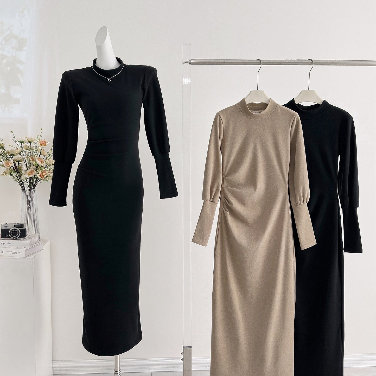 暖意浮光 Amber Warmth Lantern Sleeve & Slim-Fit Design