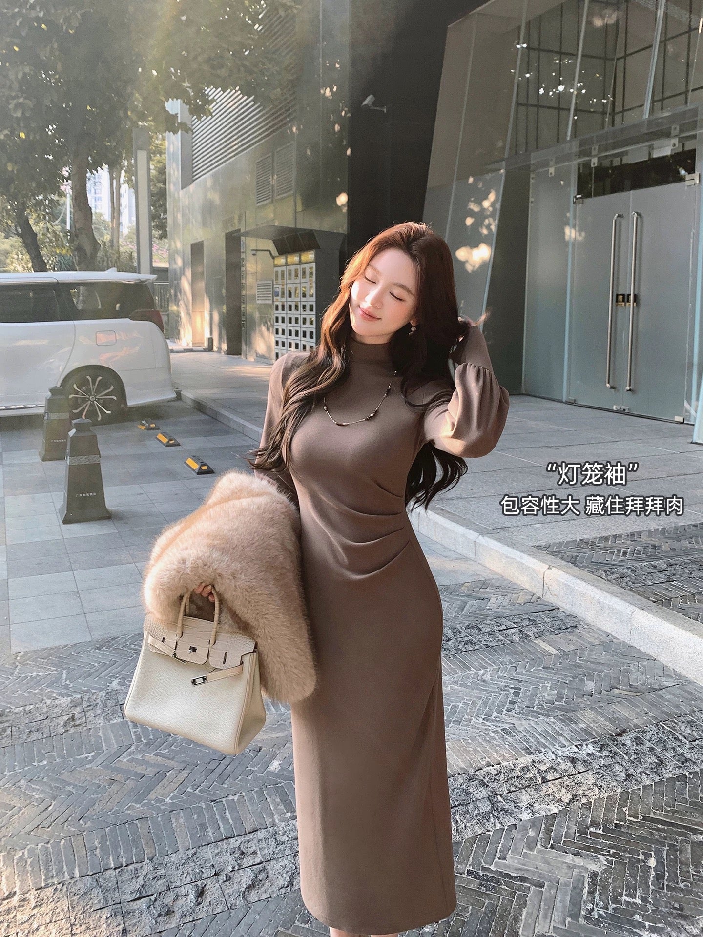 暖意浮光 Amber Warmth Lantern Sleeve & Slim-Fit Design