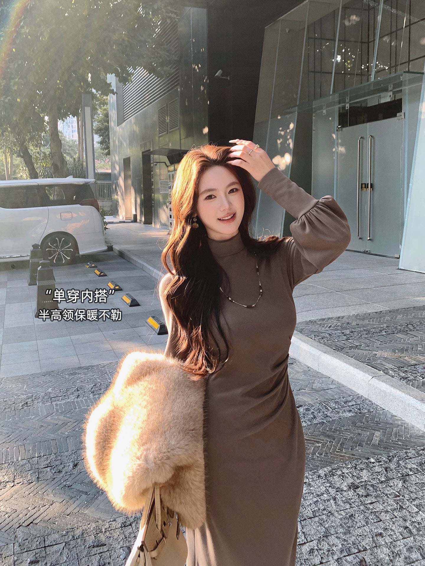 暖意浮光 Amber Warmth Lantern Sleeve & Slim-Fit Design