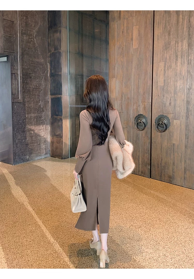 暖意浮光 Amber Warmth Lantern Sleeve & Slim-Fit Design