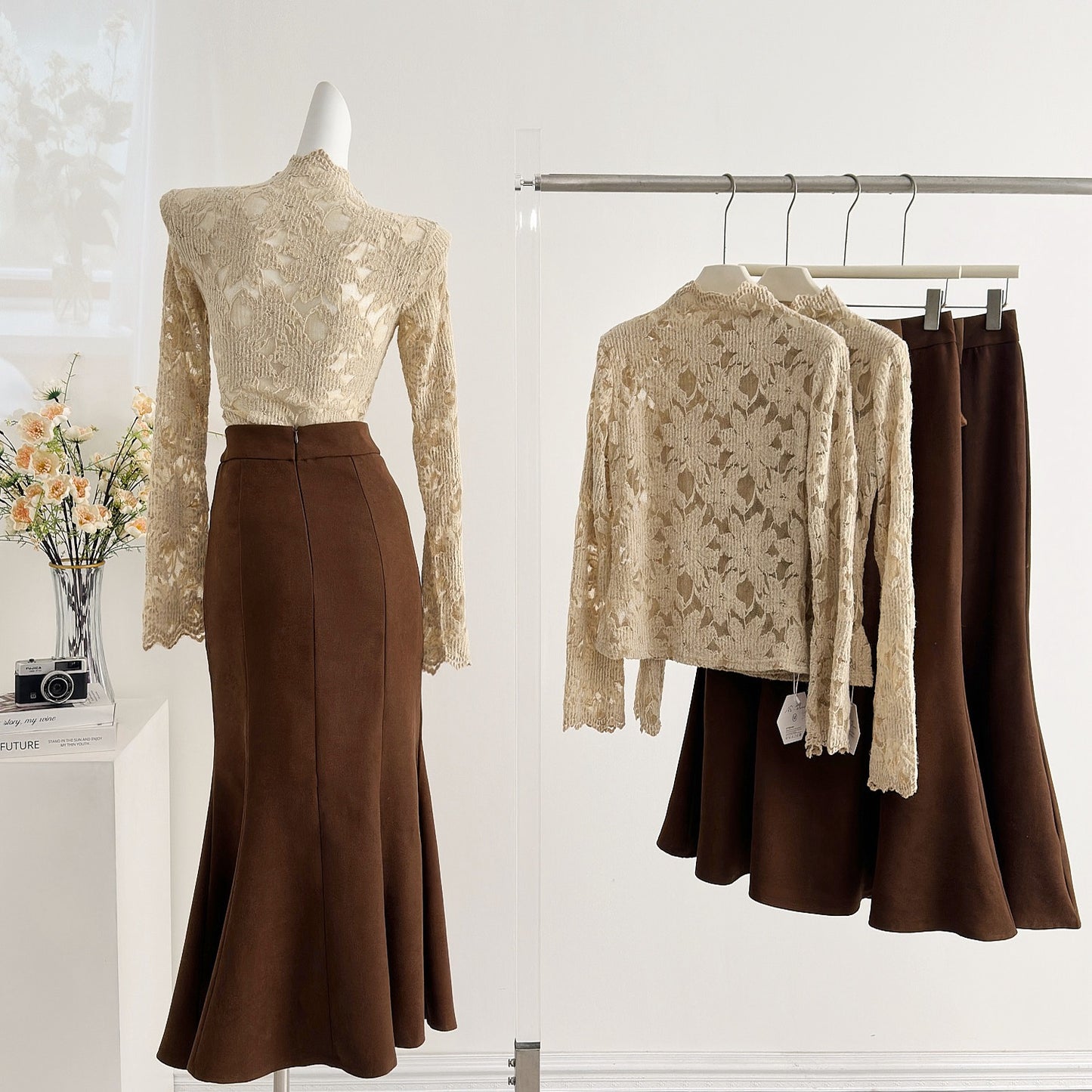 焦糖栗影 Chestnut Glow Skin-Friendly Lace Base Top & High-Waist Skirt Set