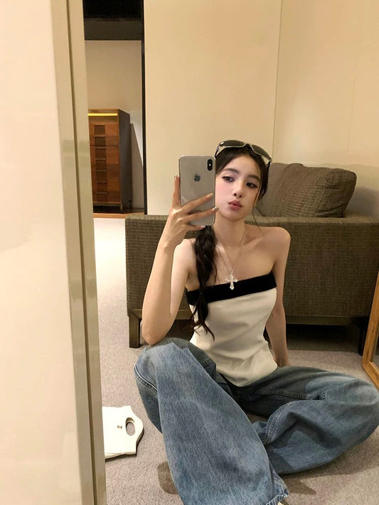 人间COCO 抹胸小香风黑白设计连衣裙/上衣