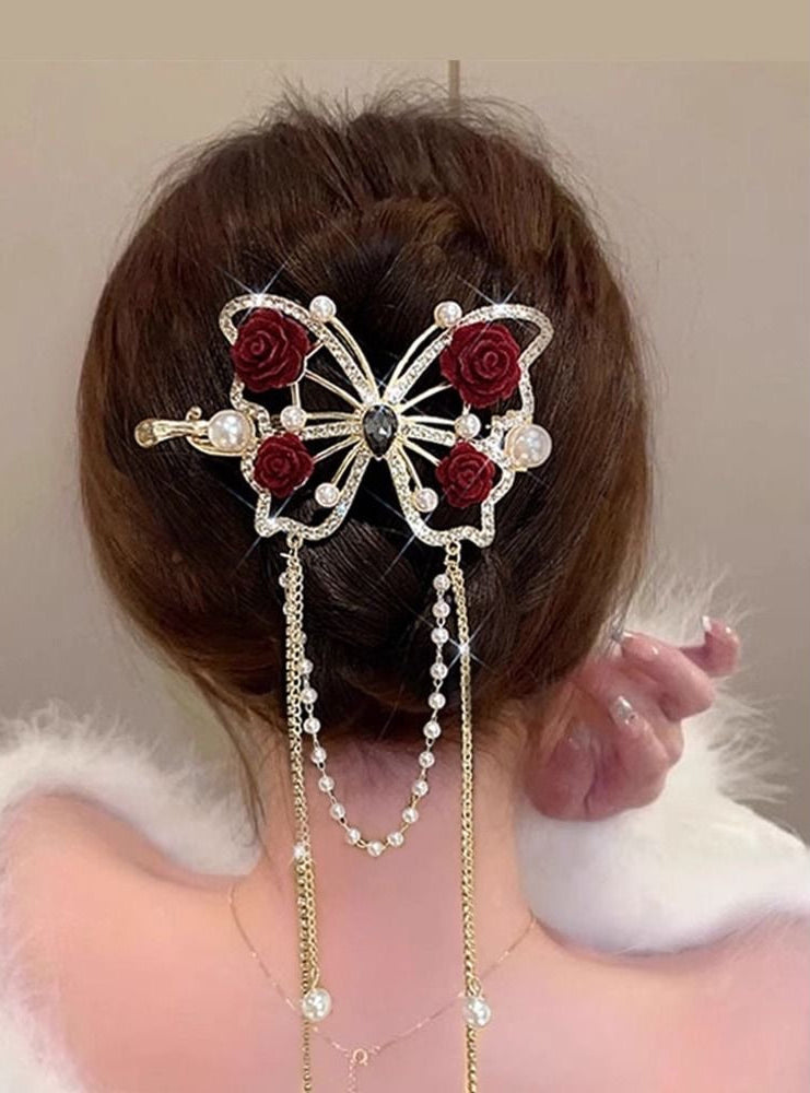 蝴蝶流苏 扭扭一字夹水钻古风盘发发夹 Butterfly Tassel Twisted Rhinestone Barrette – Vintage Style Hair Clip