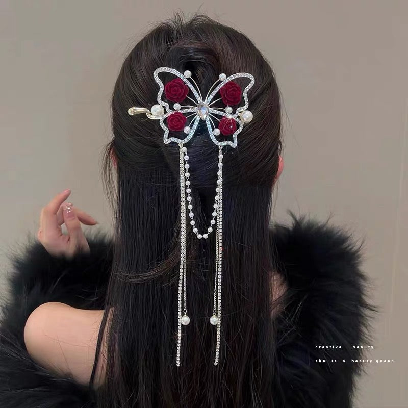 蝴蝶流苏 扭扭一字夹水钻古风盘发发夹 Butterfly Tassel Twisted Rhinestone Barrette – Vintage Style Hair Clip