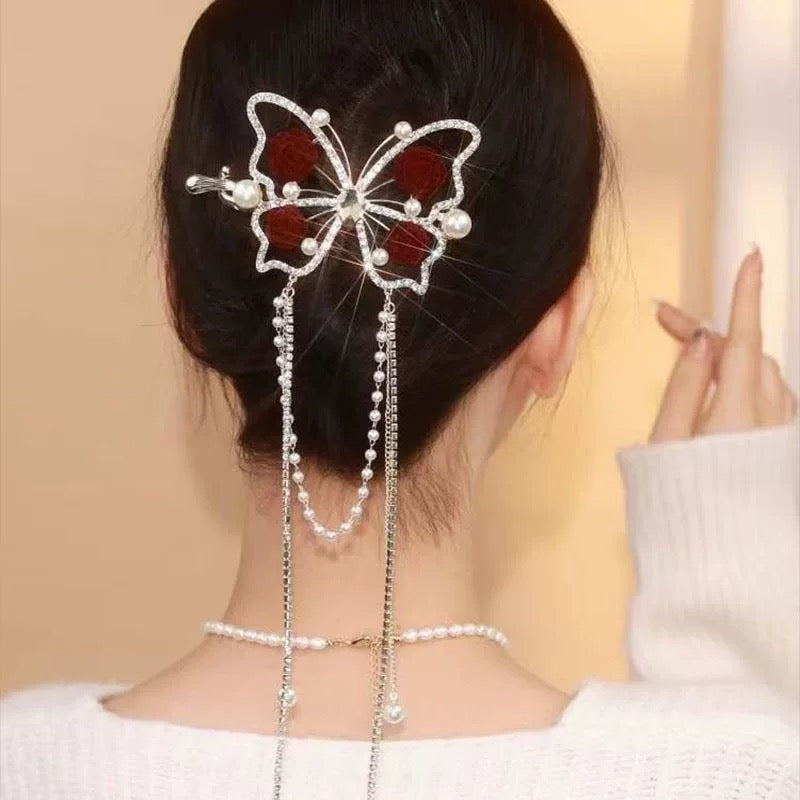 蝴蝶流苏 扭扭一字夹水钻古风盘发发夹 Butterfly Tassel Twisted Rhinestone Barrette – Vintage Style Hair Clip