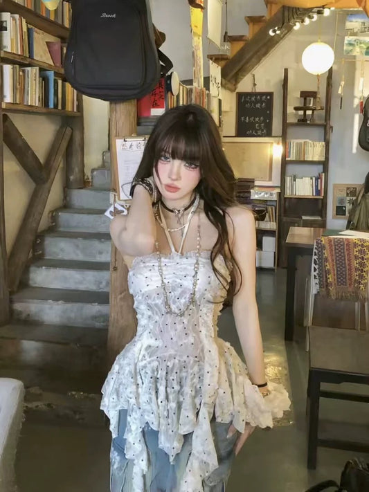大理山茶 纯欲微透辣妹波点上衣 Dali Camellia Sheer Polka Dot Top – Sweet & Sexy Y2K Style